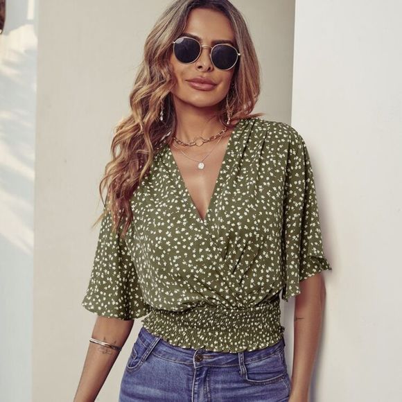 Olive Abstract Brushstroke Shirred Cuff Blouse